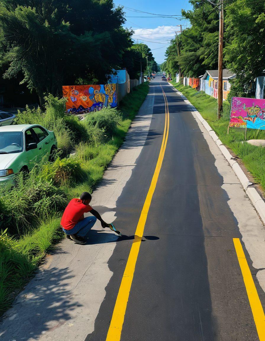 A bustling community scene showcasing diverse people collaborating to improve a worn-down road, with murals depicting hope and prosperity in the background. Transitioning into a newly built, safe highway adorned with greenery and family-friendly spaces, symbolizing unity and progress. Warm, inviting colors highlighting the contrast between sorrowful roads and safe highways. vibrant colors. super-realistic.