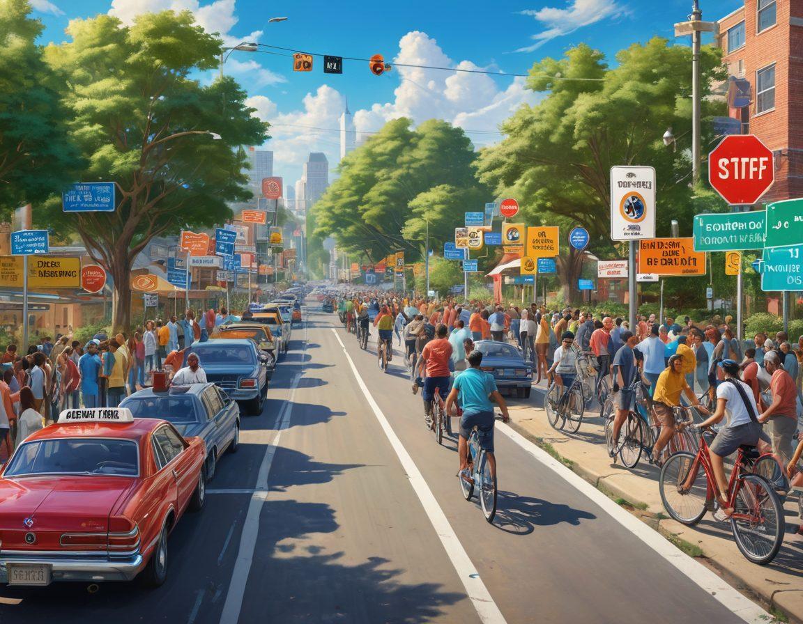 A bustling community meeting scene with diverse individuals actively discussing transportation safety, surrounded by road safety signs, maps, and bicycles. In the background, a vibrant cityscape with well-maintained roads, greenery, and safe crossing areas. A clear blue sky creates a hopeful atmosphere. super-realistic. vibrant colors. community-focused.